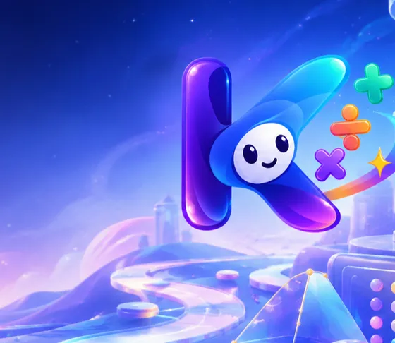 The Kenziq character floating above a glowing landscape of number tiles, a tower of fraction bands and a triangle drawn in light.