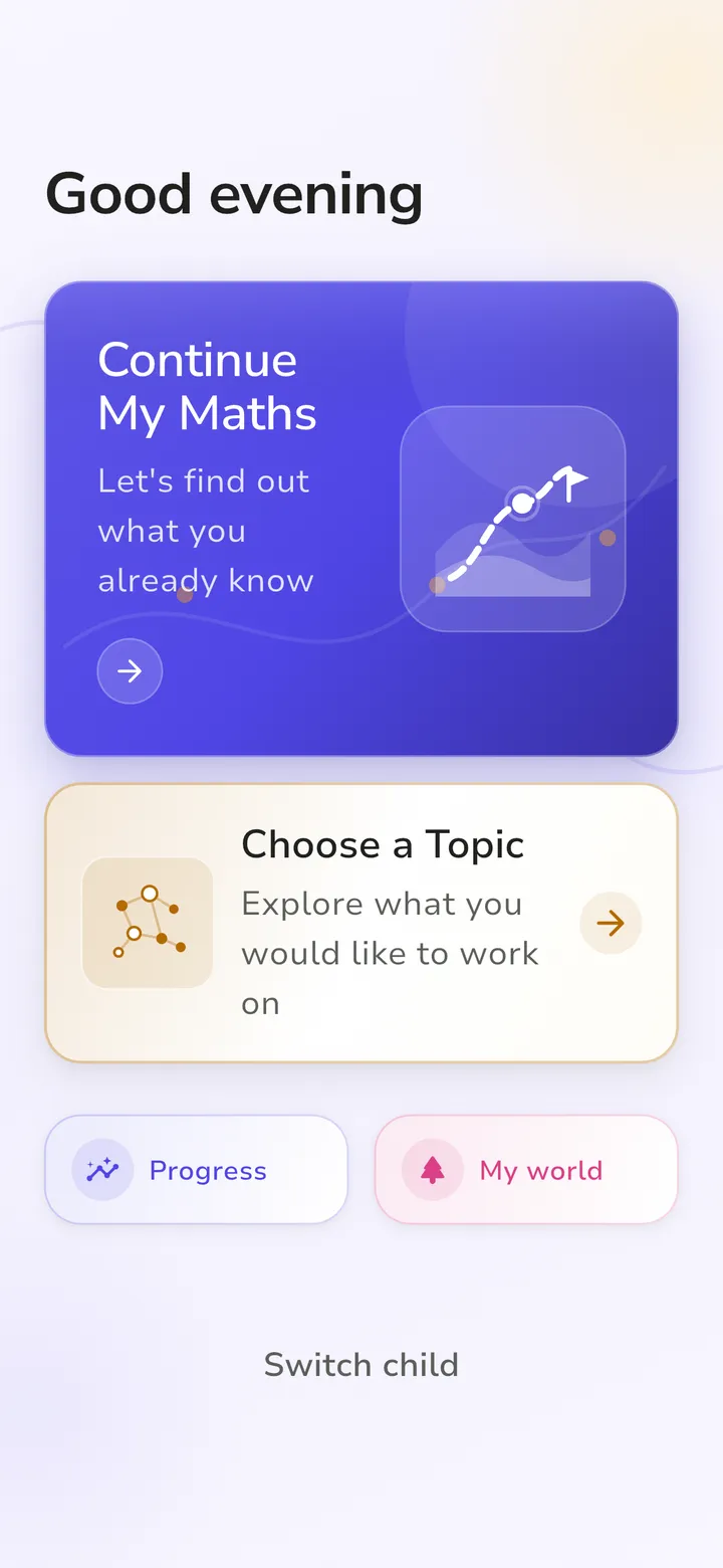 The Kenziq home screen: Continue my maths, or choose a topic.